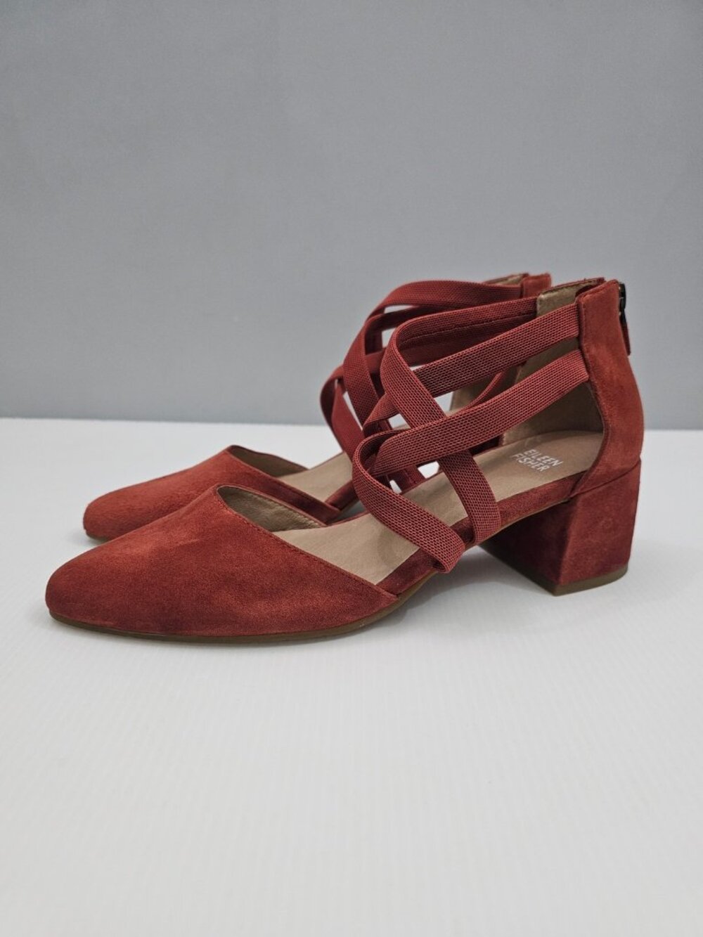 Eileen Fisher Juku Pumps Womens 7.5 Cayenne Red Suede Block Heel Pointed Toe NEW